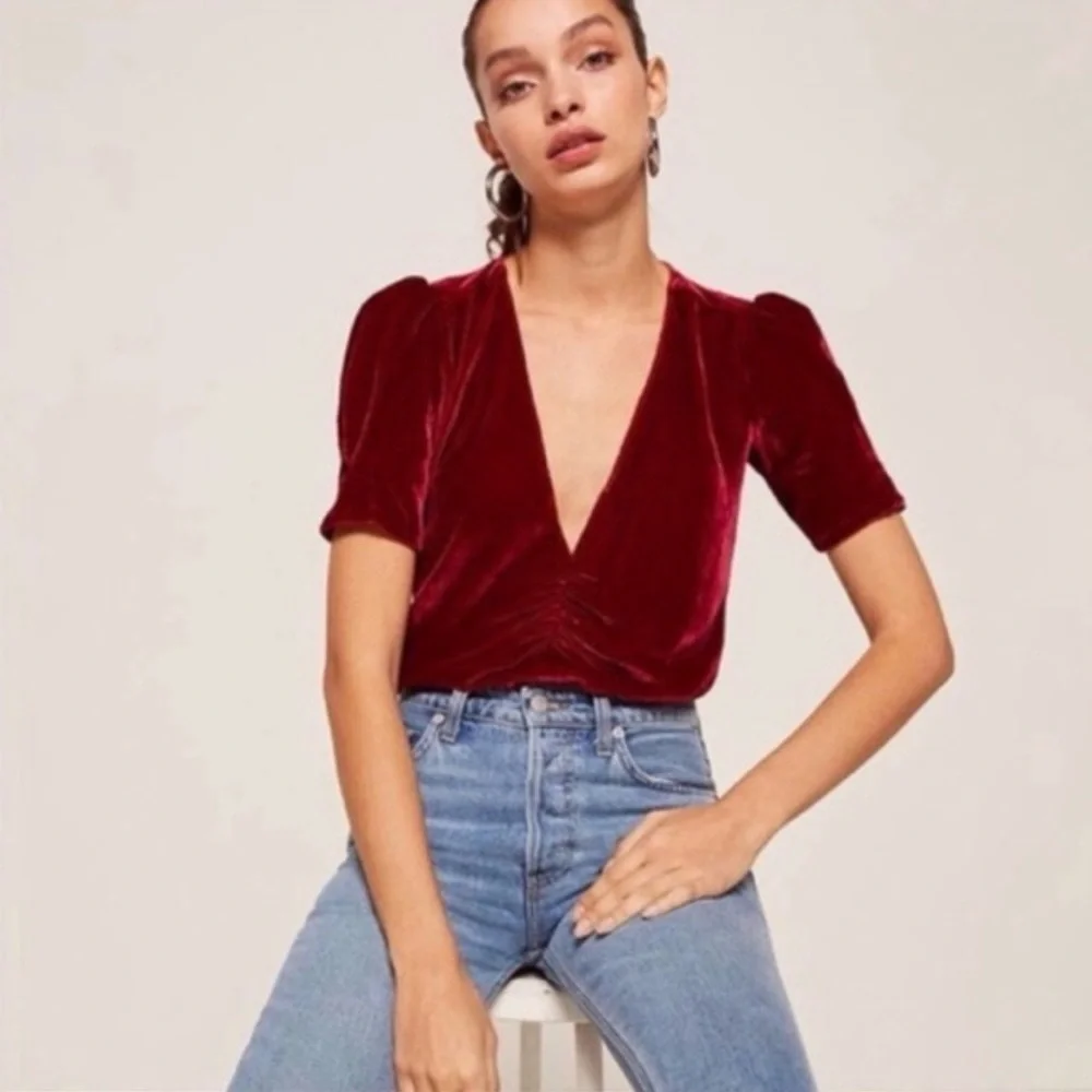 Reformation Deep Red Velvet Blouse